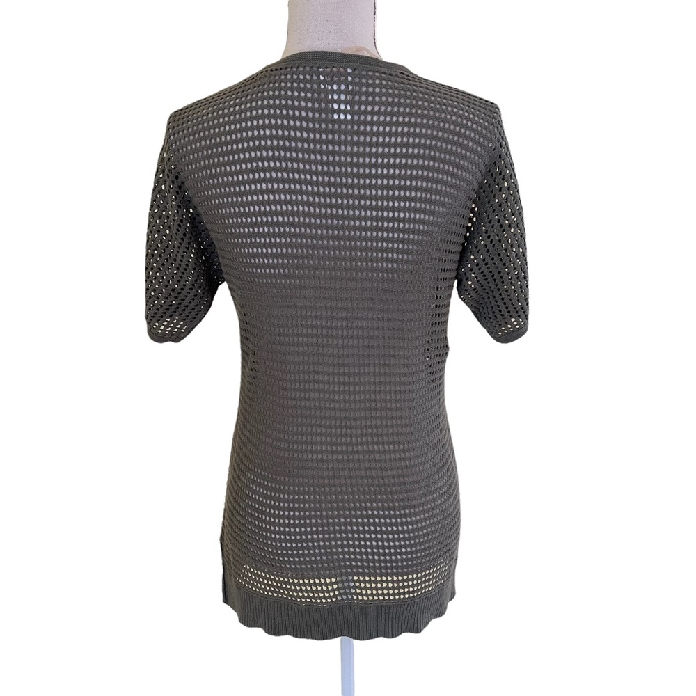 Chico's Olive Green Open Knit V-Neck Top with Metal Shoulder Detail - Picture 6 of 7
